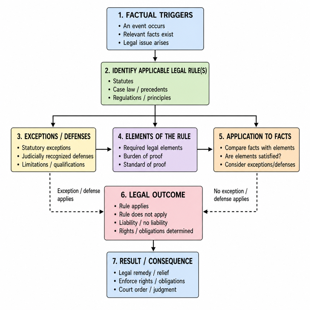 Decision flowchart for structuring legal analysis from factual triggers to legal outcomes